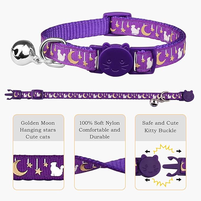6 PCS Breakaway Cat Collars Golden Moon Cat Collars Safety Buckle Kitten Collar with Bell Glow in The Dark Cat Collars for BoyGirl Cats