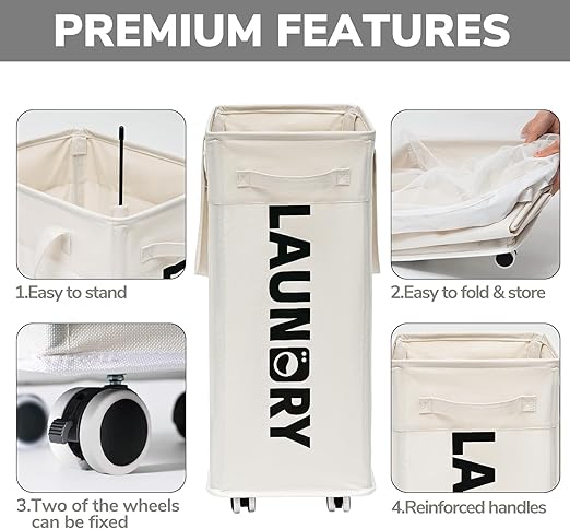 Goodpick Laundry Hamper with Wheels, 75L Collapsible Laundry Basket, Clothes Laundry Basket with Removable Wash Bag for Bedroom, Large Laundry Basket with Handle, White