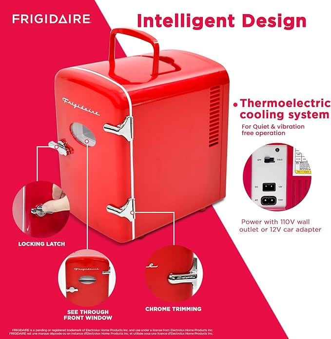 Frigidaire EFMIS129-RED_CP4 Mini Personal Fridge Cooler, 1 Gal Capacity fits Six Cans, Includes Plugs for Home Outlet & DC Charger-9.84" D x 7.09" W x 10.35" H, standard