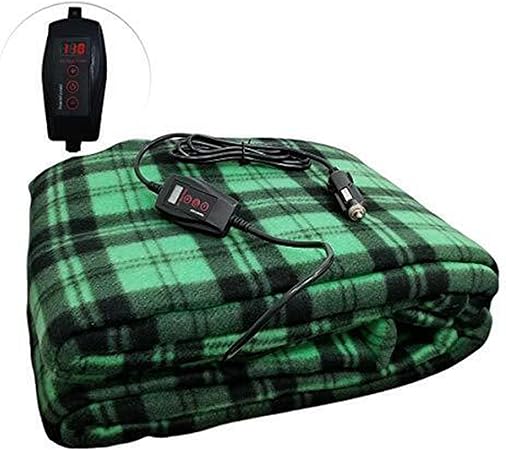 ZONETECH Car Travel Blanket Green Plaid Premium Quality 12V Polar Fleece Material Automotive Comfortable Great for Winter, Cold Days and Nights, Road Trips