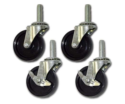 2-1/2" Polypropylene Caster with 3/8" x 1-1/2" Threaded Stem (4 Pack; 2 with Side Brake)