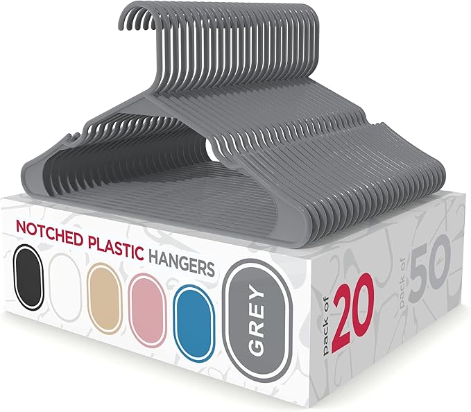 Sharpty Plastic Hangers Clothes Hangers for Clothing, Closet, Coats Shirts - Notched, Durable, Thick, Tough Space Saving - for Everyday Standard Use, Room Essentials Basics - 20 Pack - Grey