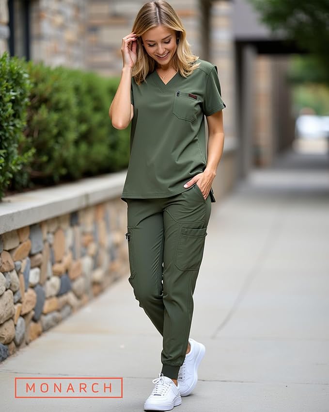 MONARCH UNIFORMS Slim Fit Stretchy Scrubs Women's Jogger Scrub Set Slim Jogger Scrubs with Tuck-In Top for Women