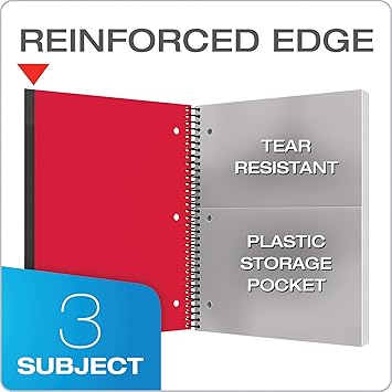 Oxford Spiral Notebook 3 Pack, 3 Subject, Wide Rule, Durable Plastic Covers, Strong Coil, 3 Durable Pockets, 8.5 x 11, 150 Sheets, Red, Green, Blue (89804)