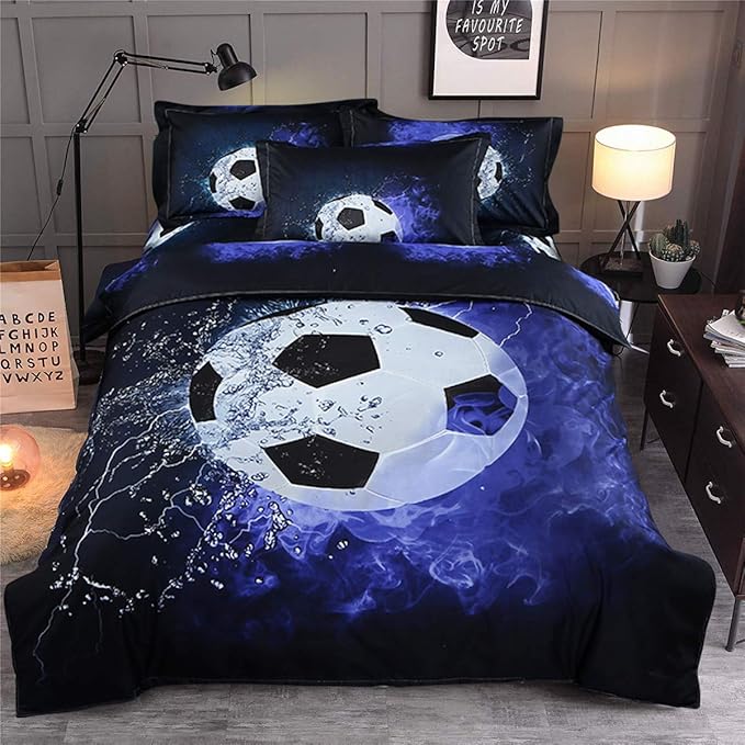 WONGS BEDDING Soccer Duvet Cover Set Twin Sports Blue Flame 3D Printed Soccer Comforter Cover Set with 1 Pillowcase for Kids Boys Soft Microfiber Twin Size 68"x 86"(Not Comforter)