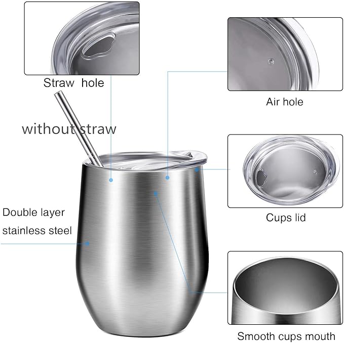 12 oz Stainless Steel Wine Tumbler Stemless Glasses with Lid, Double Wall Insulated Travel Mug Perfect for Wine, Coffee, Drinks, Champagne, Cocktails (Golden)