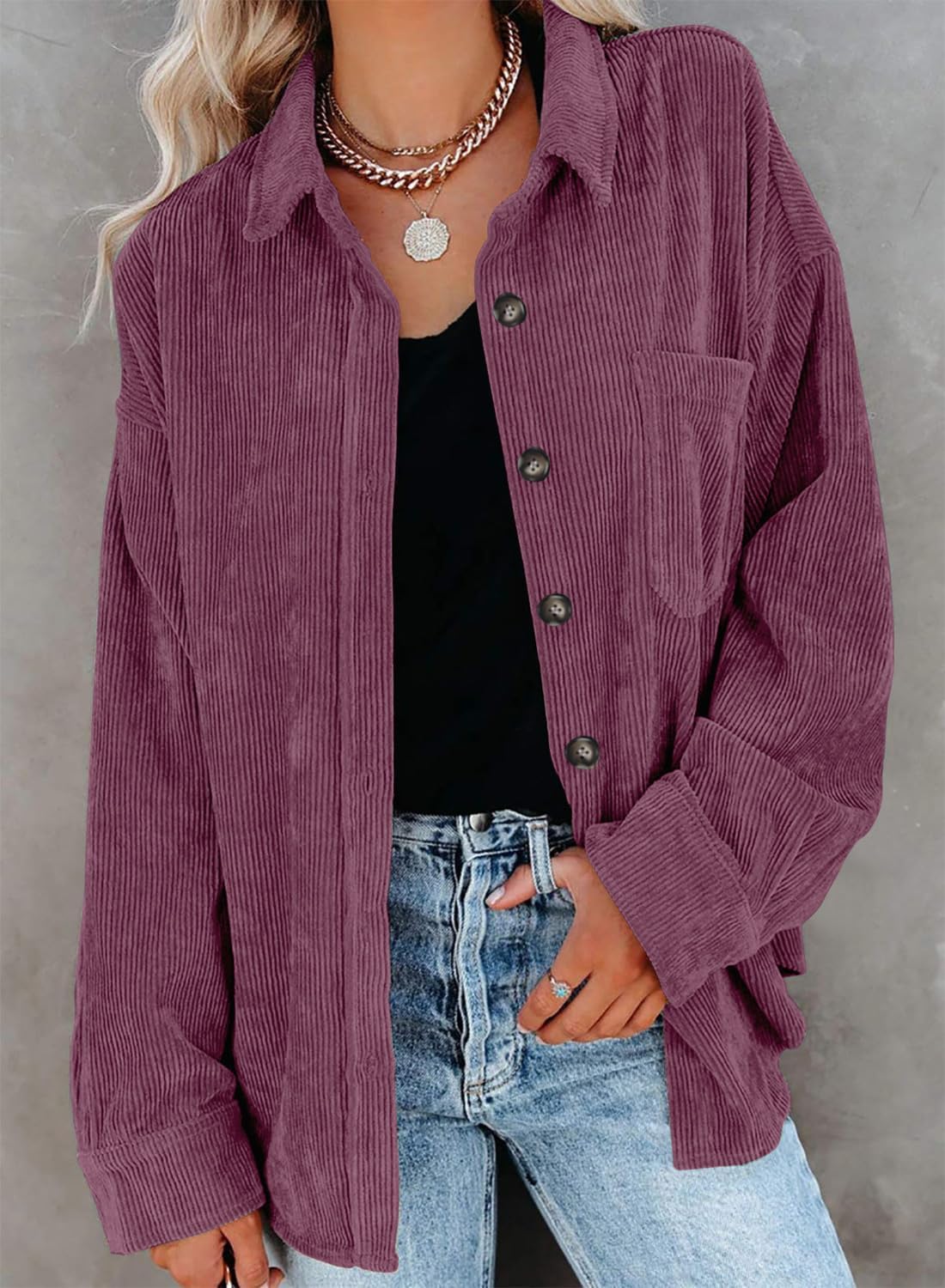 ZOLUCKY Womens Shackets Jacket Plus Size Long Sleeve Button Down Shirts Blouses Tops