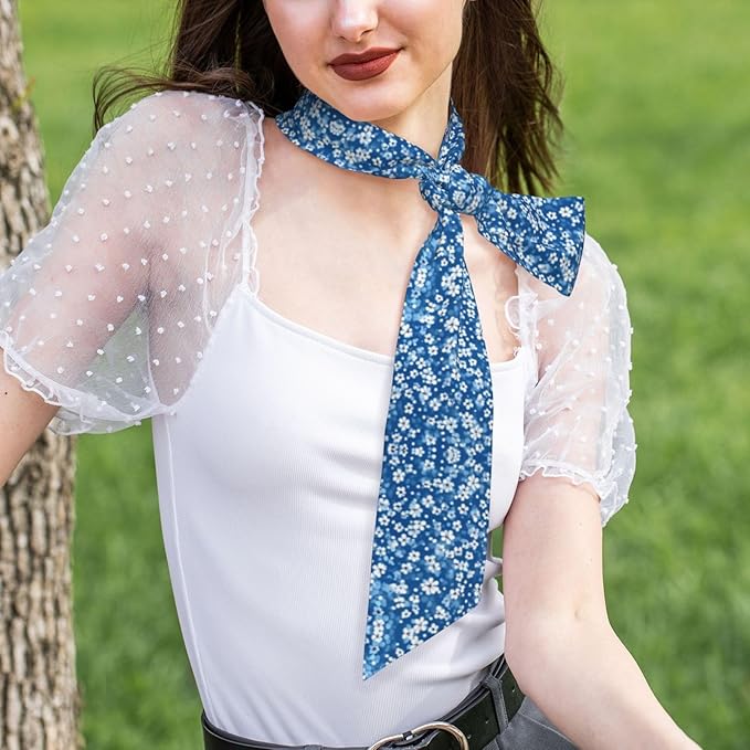 Blue Mini Flower Swirl Printed Women's Fashion Scarf Suitable as Scarves, hair scarves, headbands, headbands, handbands, Black, One Size