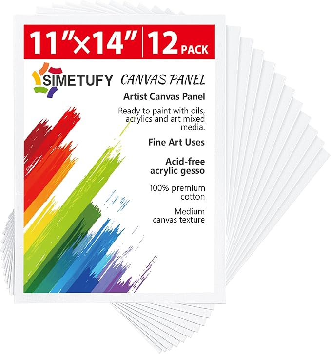 Simetufy 11 x 14 inch 12 Pack Painting Canvas Panels, Canvas Boards for Painting Gesso Primed Acid-Free 100 Cotton for Acrylics Oil Watercolor Paints