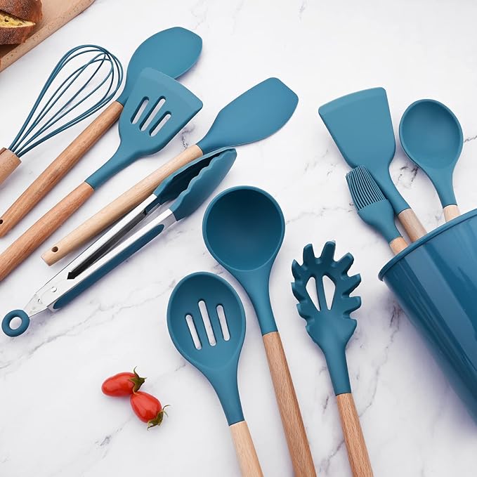 1pc Blue Silicone Solid Turner with Wooden Handle, Heat Resistant Kitchen Spatulas, Ideal Cookware for Frying, Baking, Flipping, Turning, Fish, Eggs, Meat.
