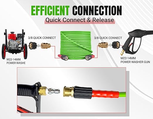 YAMATIC Super Flexible Pressure Washer Hose 50FT for Power Washer Replacement, Kink Resistant Extension With Leak-Free M22 Female & 3/8" Quick Connect Adapters, 1/4" 3200 PSI, Green