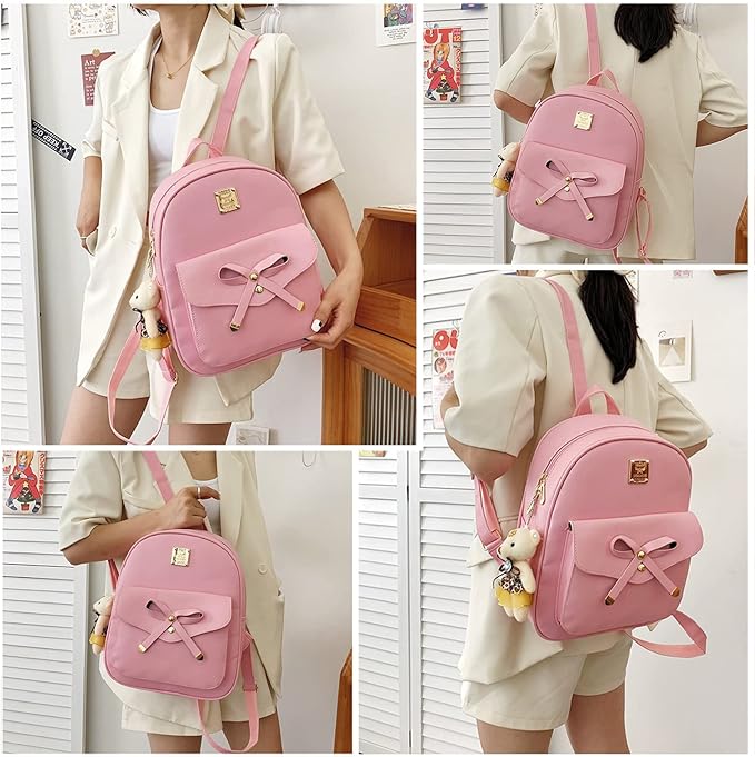 K.E.J. Women Mini Backpack Purse Bowknot Leather Backpack 3-PCS Cute Small Backpack Purse for Women Rucksack for Ladies Shoulder Bag