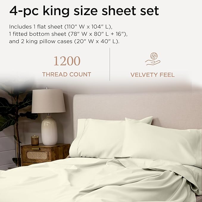 Threadmill 100 Supima Cotton Sheets, Premium 1200 Thread Count Cotton Sheets for King Size Bed, 4 Pc Ivory King Bed Sheets Set, 5-Star Hotel Quality with Elasticized Deep Pocket King Sheets