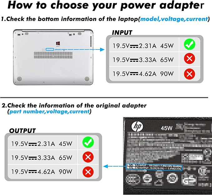 Replacement 45W HP Laptop Charger, 19.5V 2.31A Power Adapter for HP Pavilion 11 13 14 15 Notebook Power Supply with Cord