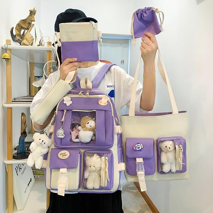 5-Piece Aesthetic Kawaii Backpack Set with Kawaii Pin and Pendants Accessories, Nylon Material Durable Adorable