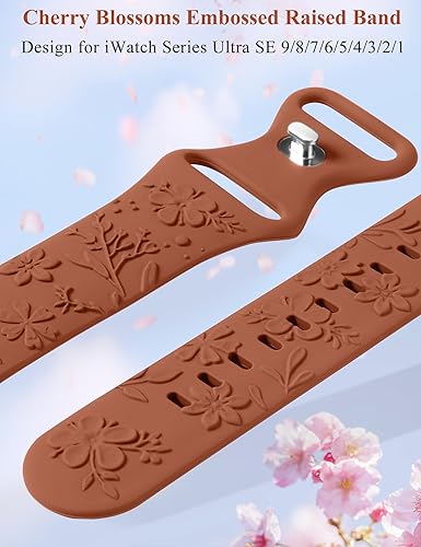 W-RARA Floral Engraved Band Compatible with Apple Watch Band 38/40/41/42/44/45/46/49mm Women, Cute Embossed Raised Cherry Blossoms Replacement Strap for iWatch Series 10 9 8 7 6 5 4 3 2 1 SE Ultra