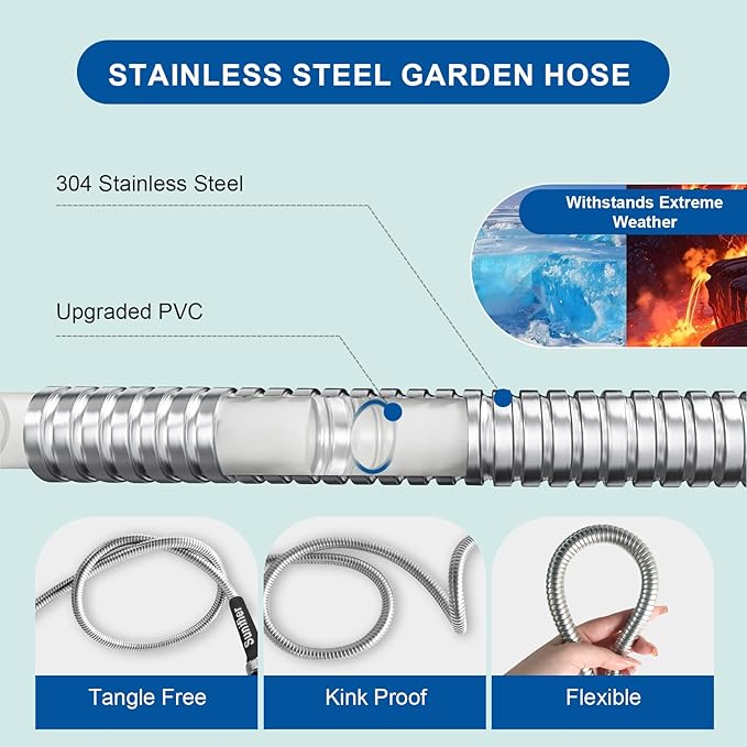 Metal Garden Hose 30 Ft Flexible Stainless Steel Water Hose 25 Ft 50 Ft With Hose Nozzle, Heavy Duty No Kink Hose (30FT)