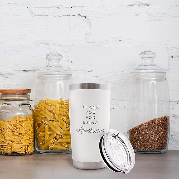 Thank You for Being Awesome - 20 oz white insulated stainless steel cup with lid, gratitude gift for employees or coworkers, birthday gift ideas for women,