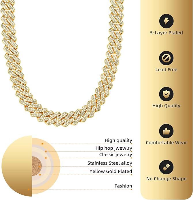 Mens Cuban Link Chain Miami Cuban Necklace 18K Gold Silver Chain Diamond Cut Chains For Men Women 14mm Iced Out Hip Hop Jewelry