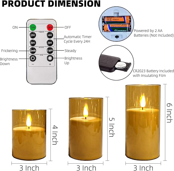 NICEME Amber Flickering Flameless Candles, Battery Operated Acrylic LED Pillar Candles with Remote Control and Timer Flameless Halloween Candles for Christmas New Year Home Decor, Set of 5