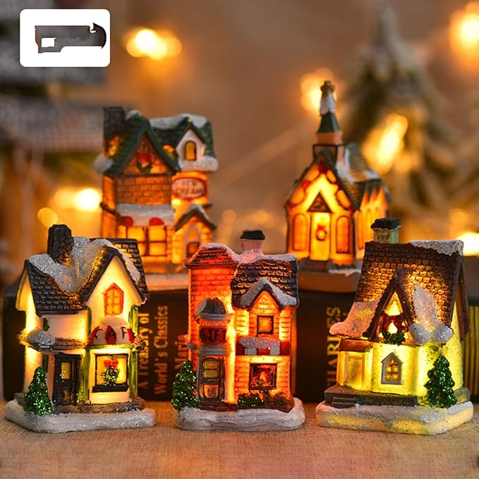 Christmas Resin House LED Snow Village House for Holiday Children Gifts Decoration Crafts Collectible Villa Town Animated Winter Wonderland Ornament (1PCS, B)