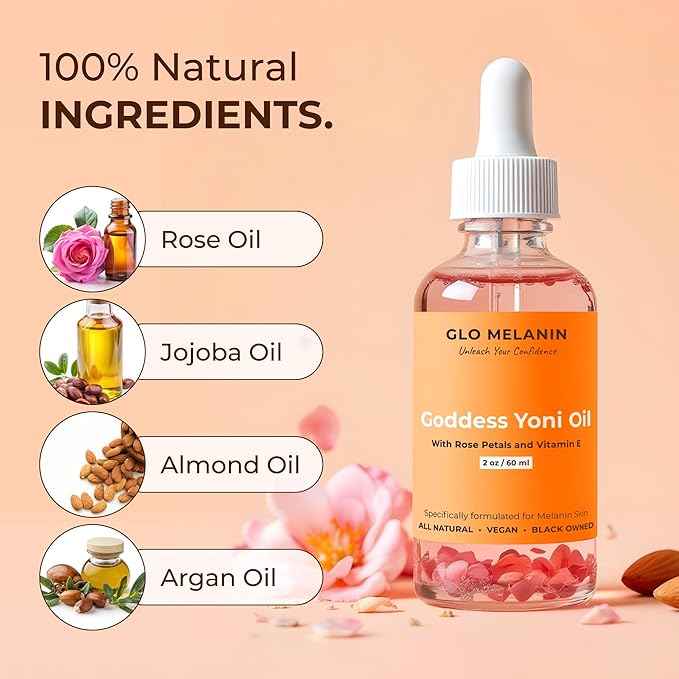 Glo Melanin Yoni Oil Wash for Women pH Balance and Wetness, Vaginal or Feminine Oil for Ingrown Hair with Rose Petals, Almond, Vitamin E Jojoba Oils Herbal Blend for Yoni Care (2 oz / 60ml)