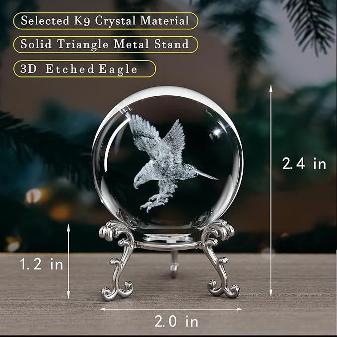3D Engraved Eagle Crystal Ball with Stand Laser Etched Glass Eagle Figurine Carving Crystal Sphere Paperweight(2.4 in)