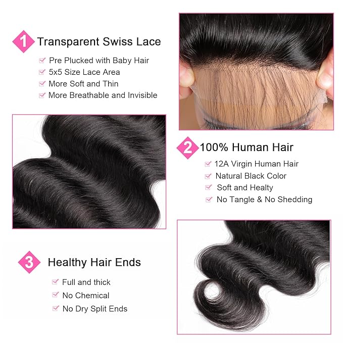 Body Wave 5x5 Transparent Lace Closure 100% Human Hair Invisible 5x5 Lace Closure 12A Brazilian Virgin Remy Human Hair Frontal Closure Pre Plucked Natural Color 20 Inch