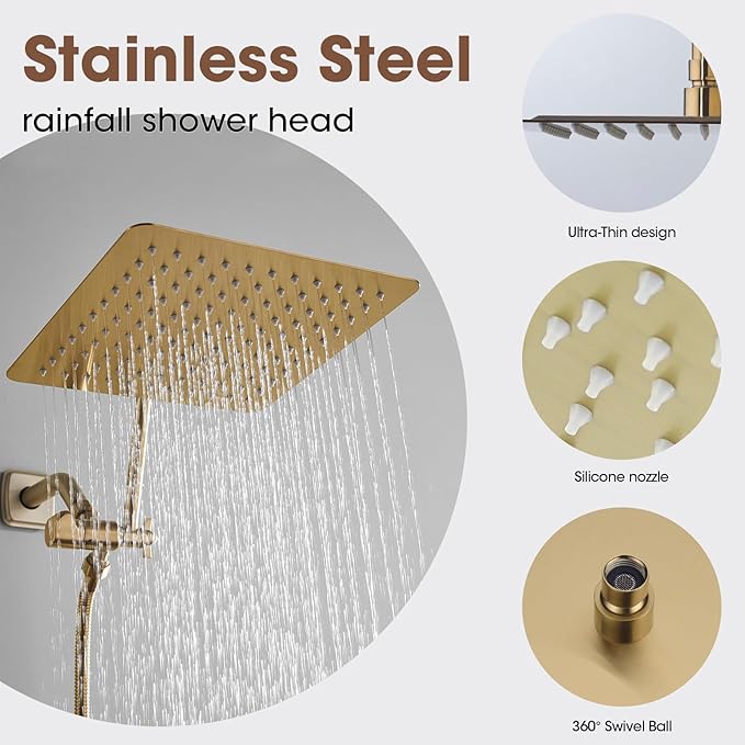 10 Inch (25CM) Square Rainfall Shower Head, 304 Stainless Steel, Ultra Thin Pressure Boosting High Pressure Rain Bathroom Rainfall Showerhead Wallceiling Installation,Matte Brushed Gold