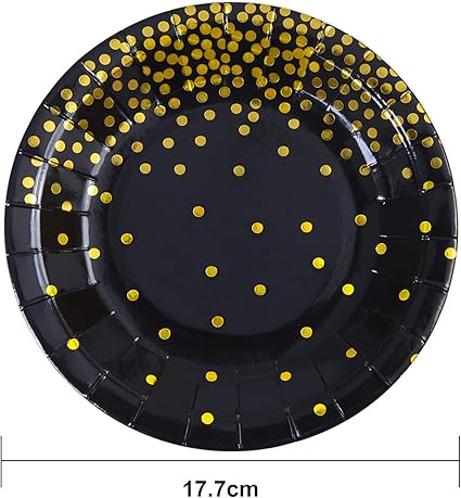 Aneco 60 Pieces 7 Inches Black Bronzing Disposable Paper Plates Dinnerware Plates Gold Foil Polka Dot Plates for Party Graduation Wedding Anniversary Birthday