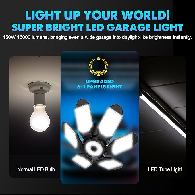 Garage Light LED 100W 10000LM with 6 Deformable Panels, E26E27 Screw in Shop Light, 6000K Light Bulb Led Garage Ceiling Lights for Porch Barn Basement Attic