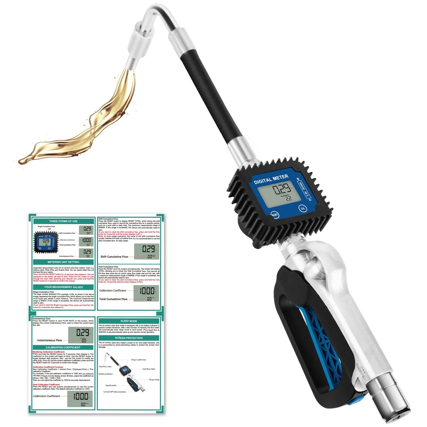 Digital Oil Control Valve Flow Meter Dispenser Nozzle 10 GPM / 35 LPM, Heavy Duty Air Operated Electronic Oil Metering Gun 1/2 Inch NPT Inlet, Oil Gun - Max Working Pressure 1500 PSI / 100 bar