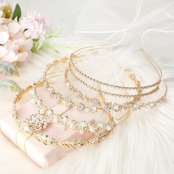 XunYee 5 Pcs Gold Rhinestones Headbands for Women Flower Leaf Tiara Crown Headband Metal Prom Headpiece Bridal Wedding Hair Accessories for Bride Girl Party(Gold)