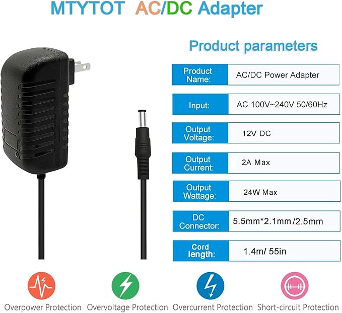 DC 12Volt 2A Power Supply Adapter 24W AC DC Wall Adapter 100-240V AC to DC 12V 2A 1.5A Power Adapter Converter with 5.5mm x 2.5mm Compatible with 5.5x2.1mm Tip 12V acdc Transformer Adapter