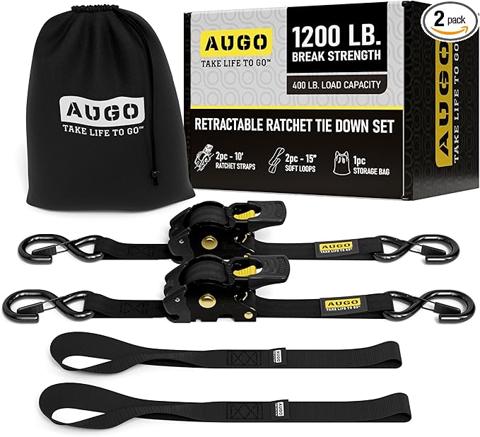 AUGO Retractable Ratchet Straps 2 Heavy Duty Ratchet Straps Self Retractable Tie Down Straps with Soft Loops Storage Bag for Motorcycle, Truck, Trailer, Cargo Van 1200 Lb Break Strength 1a x 10aTM