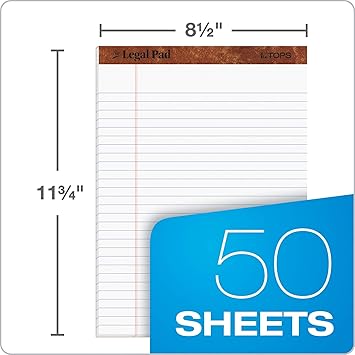 TOPS The Legal Pad Legal Pad, 8-12 x 11-34 Inches, Perforated, White, LegalWide Rule, 50 Sheets per Pad, 3 Pads per Pack (75337)