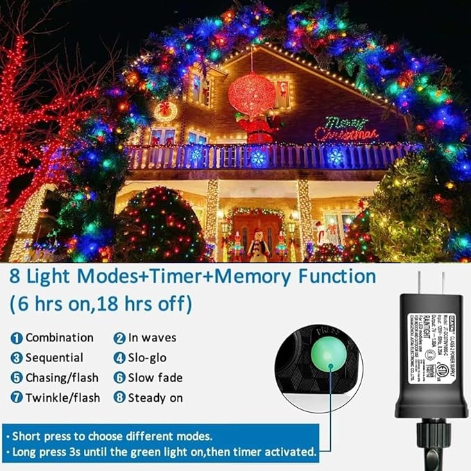 YEGUO Christmas Light, 66ft 200 LED String Lights Multicolor, Green Wire Twinkle Tree Light Plug in for Indoor Outdoor