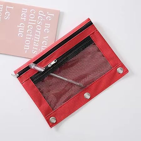 Pencil Bag Office Storage Pouch Mesh Windows Zippered Stationery Storage Bag for Pencils Large Capacity Durable Fabric Pouch Red