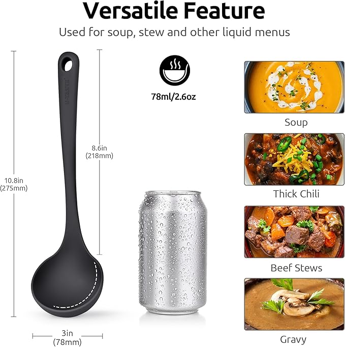 2.6oz Small Silicone Soup Ladle: U-Taste 600oF Heat Resistant Non-Stick Kitchen Deep Serving Spoon, Soft Cooking Utensil with Non-Slip Solid Handle for Mixing Sauce Stew Gravy (11in, Black)