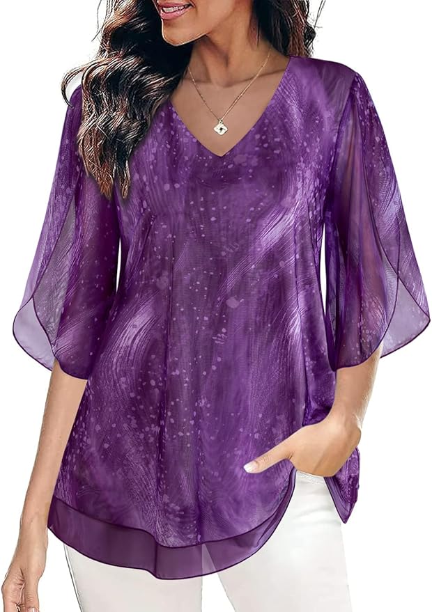 SeSe Code Womens Ruffle 3/4 Sleeve Mesh Blouses Loose Flowy Tops Stretchy Shirts