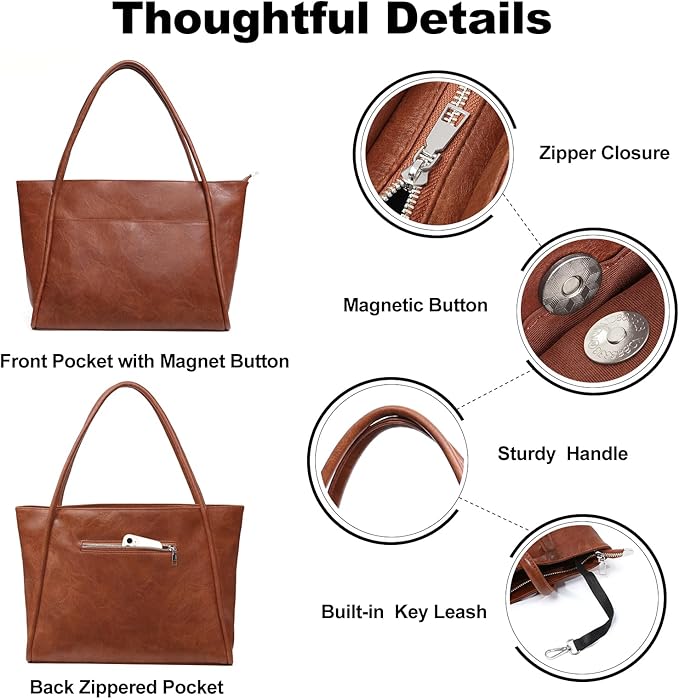 Large Tote Bag for Women Work with Zipper 16L Vegan Leather Ladies Travel Purses and Handbags