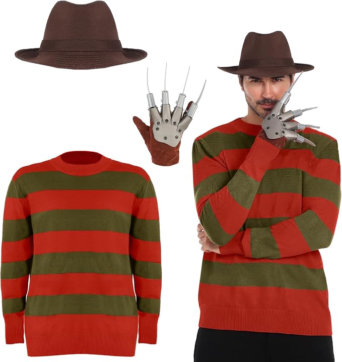 3PCS Horror Red and Green Striped Knitted Sweater Men's Costume with Brown Hat Gloves for Halloween Playing