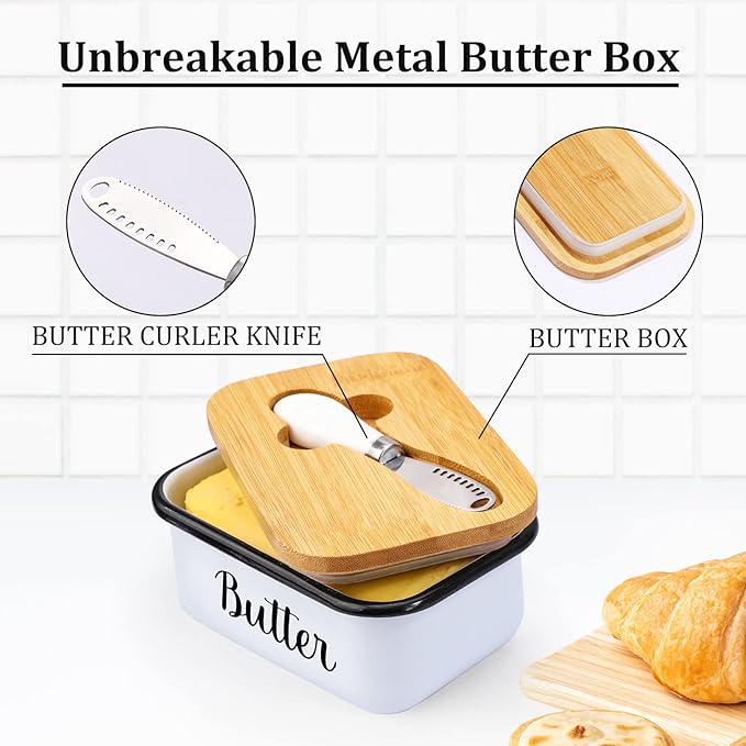 LANDNEOO Butter Dish with Lid and Butter Curler Knife - Unbreakable Stainless Steel Keeper Container with Double Silicone Sealing, for Kitchen Farmhouse Decor