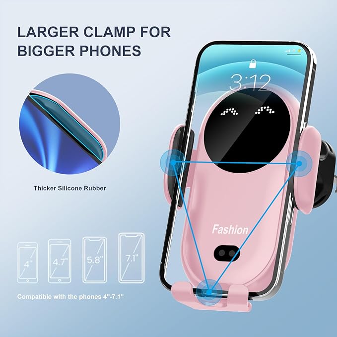 Wireless Car Charger Mount,MAX 15W Qi Fast Charger, Wireless Car Charger Air Vent, Automatic Clamping Phone Holder for iPhone 1615141312 ProPro Max, Samsung S22S21S20Note 20, etc(Pink)