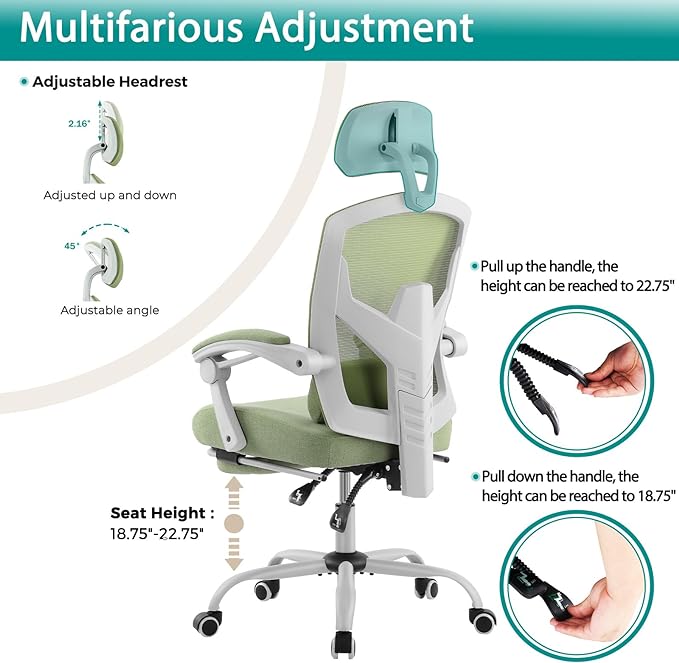 DUMOS Home Office Desk Chair with Footrest, High-Back Mesh Rolling Swivel Reclining Chairs with Wheels, Comfortable Headrest, Lumbar Support, Comfy Arms for Home, Office, Gaming, Student, Green