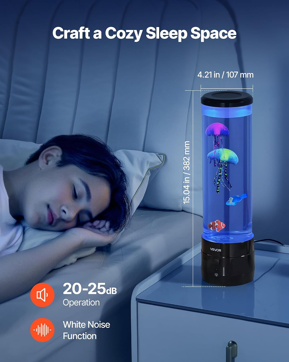 VEVOR Sensory Bubble Tube Lamp, 16 Color Changing Light Effects, Water Fish Lamp with Built-in Bluetooth Speaker & White Noise, Fake Aquarium Tank Night Light for Bedroom Living Room Home Decor ( does not come with 2JelltFish-2Fish-1JellyFish Hook )