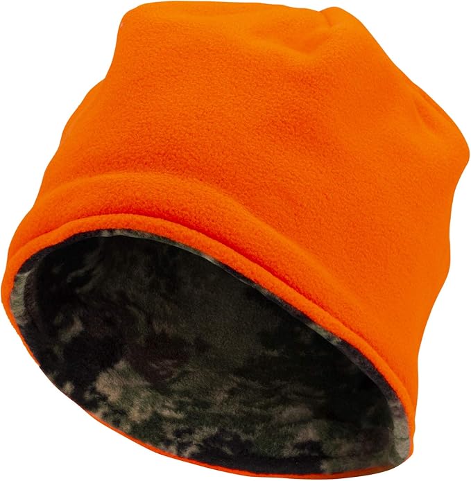 Reversible Men's Blaze Orange Beanie - Camoflauge Hunting Fleece Hat