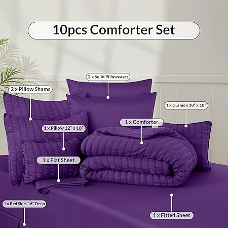 LUX Decor 10 Piece Comforter Set Queen (88X88), Seersucker Lightweight Comforter Set with Sheets, Bed in a Bag Bedding Set for All Seasons - Purple