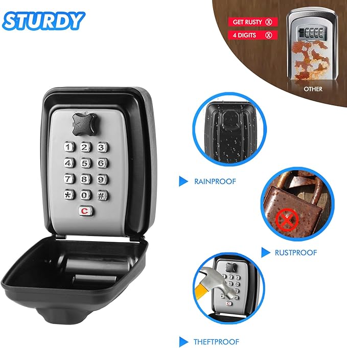 Key Lock Box, Wall Mounted Key Storage Box with 12-Digit Keyboard Combination, Resettable Code, Large Capacity, Waterproof Security Lock Box for Home, Office, Outdoor