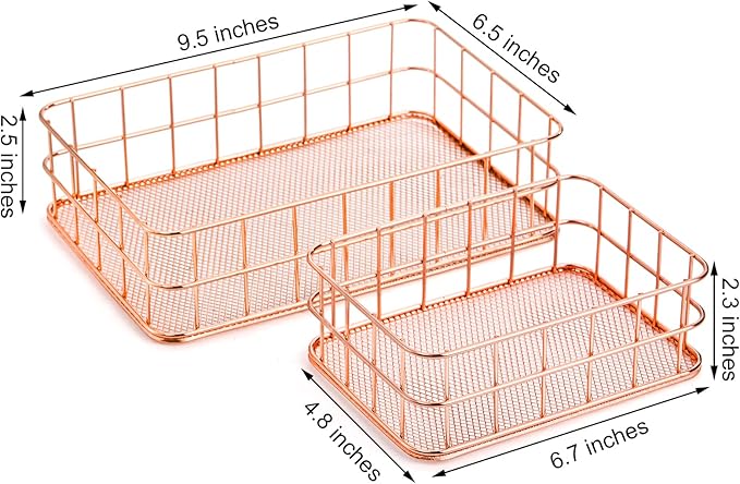 Hacaroa 4 Pack Rose Gold Wire Mesh Basket, Metal Desk Drawer Organizer Desktop Holder Tray for Cosmetic, Stationery, Magazines, Fruit Snacks, Home, School, Office, 2 Size